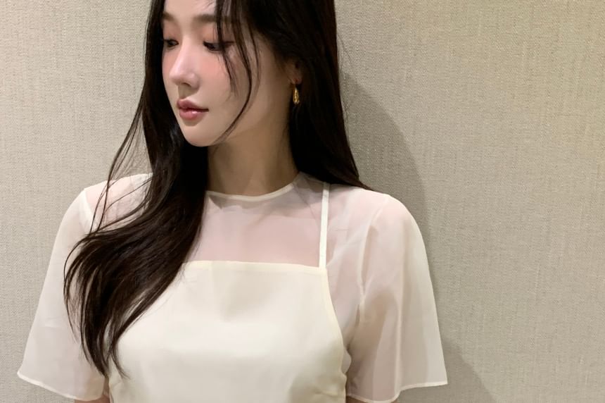 Sheer Plain Crew-Neck Short-Sleeved Top with Square-Neck Cami Set
