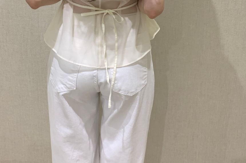 Sheer Plain Crew-Neck Short-Sleeved Top with Square-Neck Cami Set