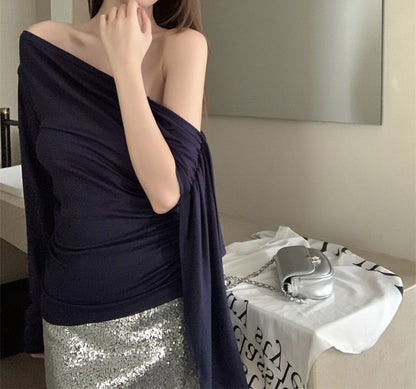Plain Ruched One-Shoulder Long-Sleeved Top