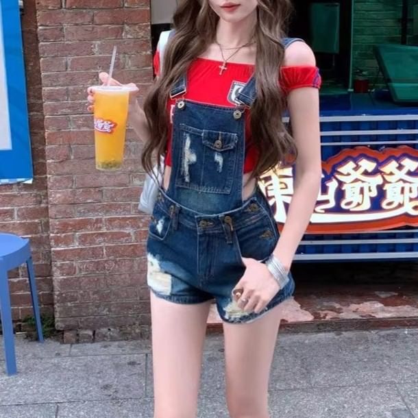 Washed Distressed Denim Jumper Shorts