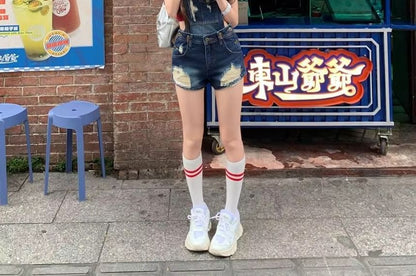Washed Distressed Denim Jumper Shorts