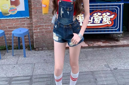 Washed Distressed Denim Jumper Shorts
