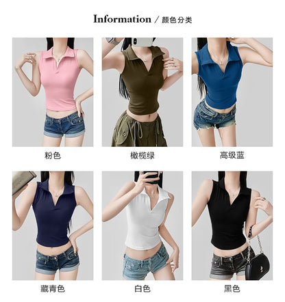Plain Sleeveless Polo-Neck Cropped Top