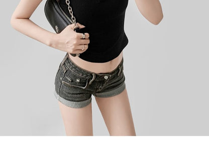 Plain Sleeveless Polo-Neck Cropped Top