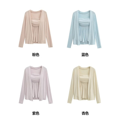 Plain Shirred Tube Top with Cardigan Set