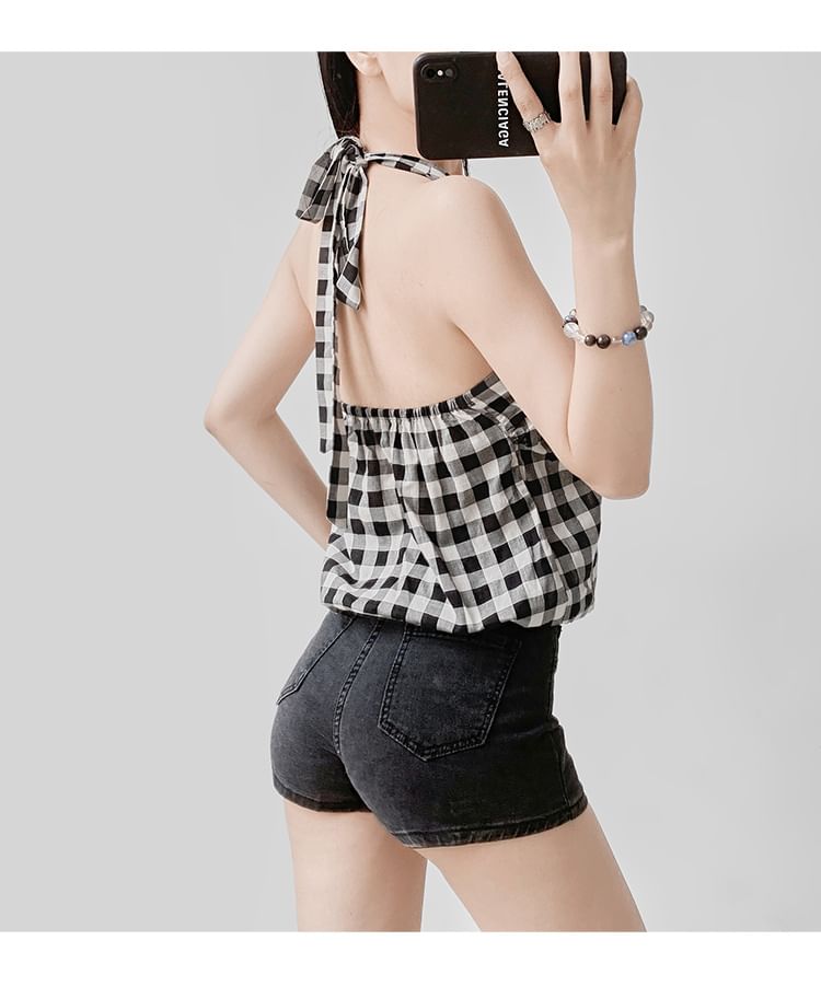 Gingham Halter-Neck Open-Back Top