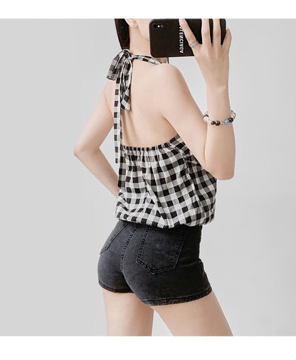 Gingham Halter-Neck Open-Back Top