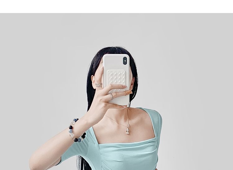 Plain Shirred Square-Neck Short-Sleeved Top