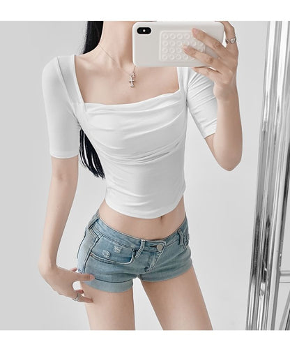 Plain Shirred Square-Neck Short-Sleeved Top