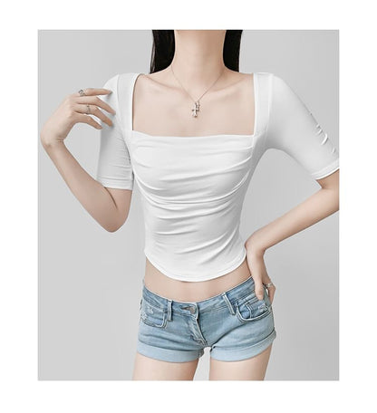 Plain Shirred Square-Neck Short-Sleeved Top