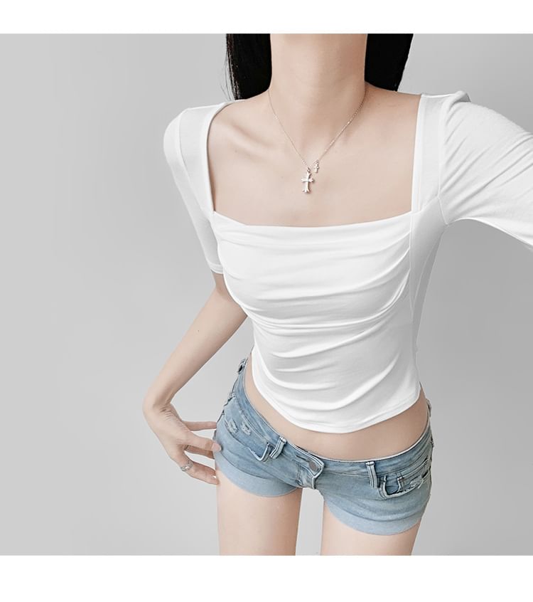 Plain Shirred Square-Neck Short-Sleeved Top