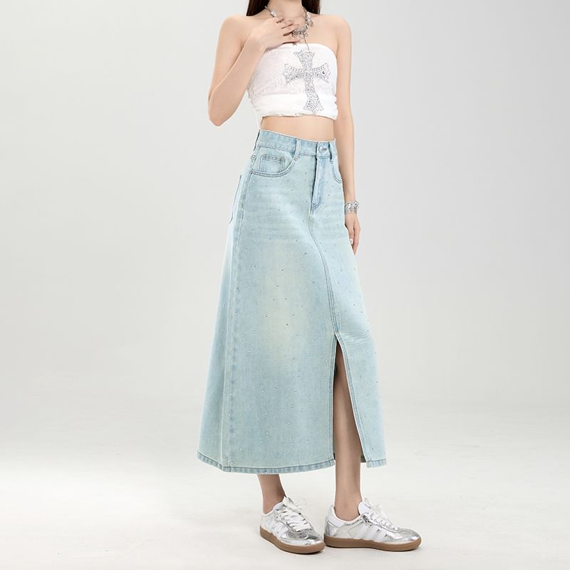 Washed Denim Midi A-Line Skirt