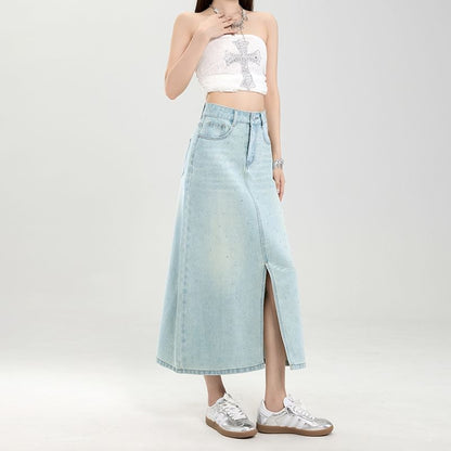 Washed Denim Midi A-Line Skirt