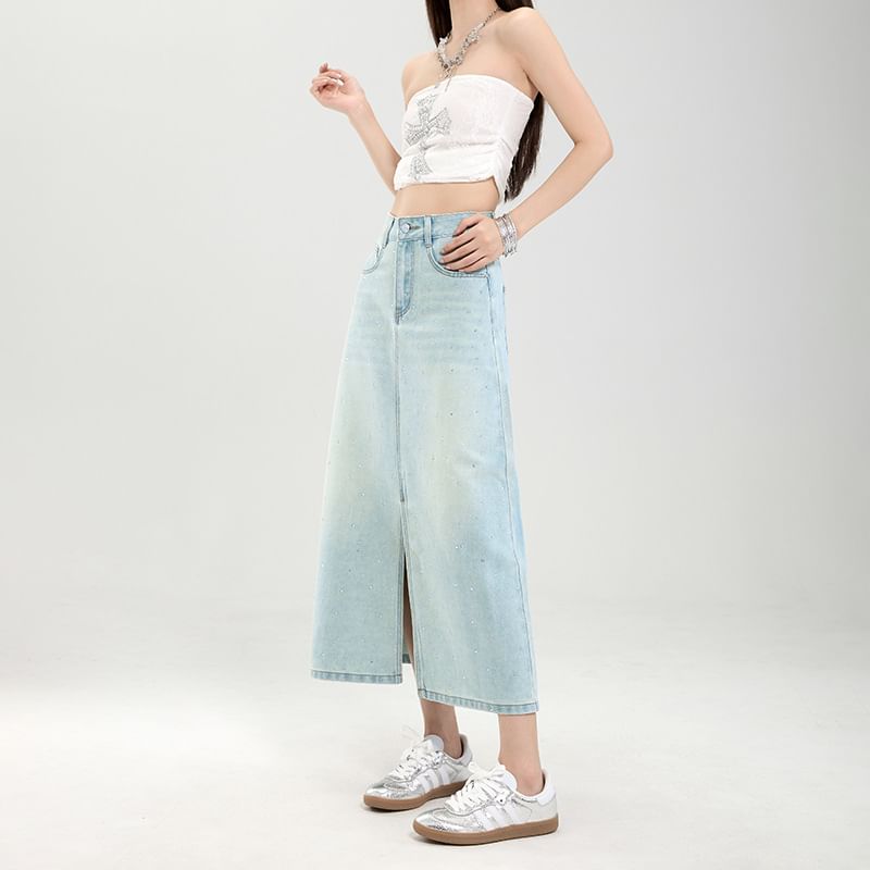 Washed Denim Midi A-Line Skirt
