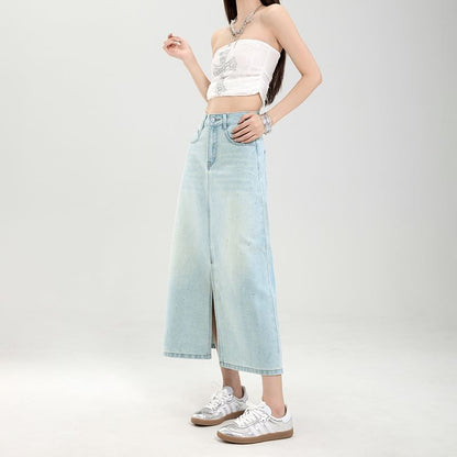 Washed Denim Midi A-Line Skirt