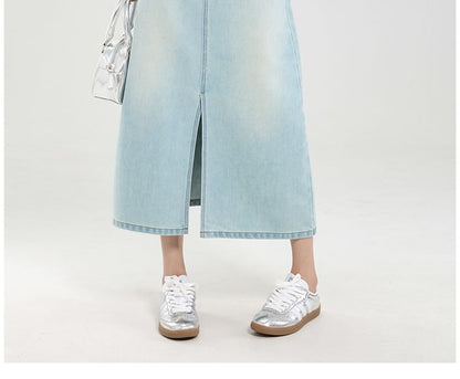 Washed Denim Midi A-Line Skirt