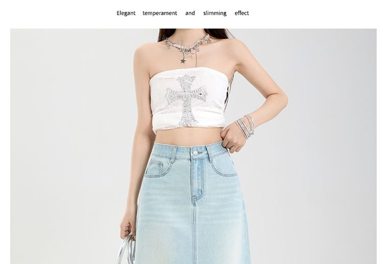Washed Denim Midi A-Line Skirt