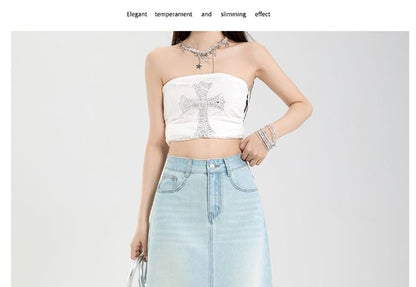 Washed Denim Midi A-Line Skirt