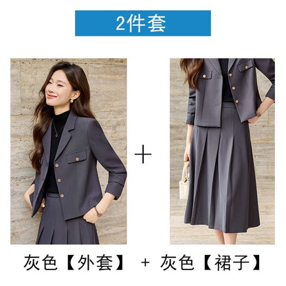 Blazer and Pleated Midi A-Line Skirt Set