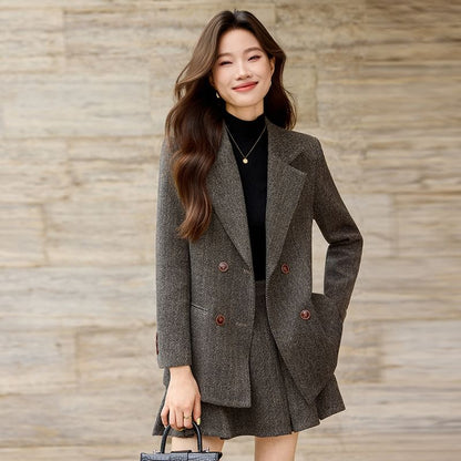 Herringbone Blazer and Pleated Mini Skirt Set