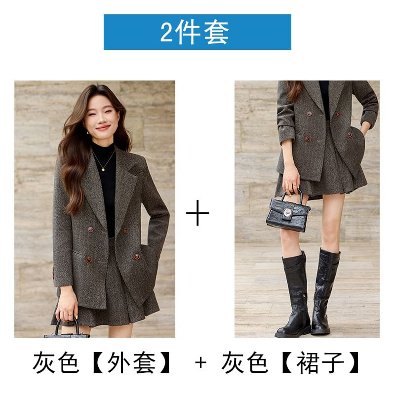 Herringbone Blazer and Pleated Mini Skirt Set