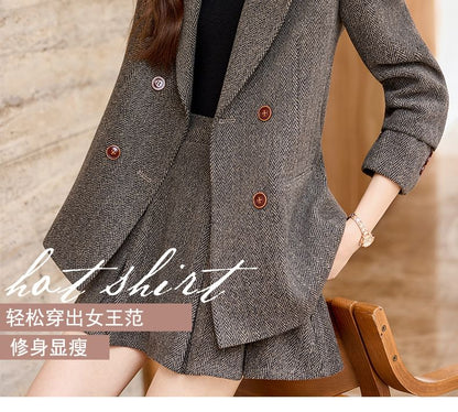 Herringbone Blazer and Pleated Mini Skirt Set