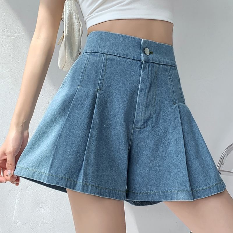 High Waist Pleated Wide Leg Denim Shorts