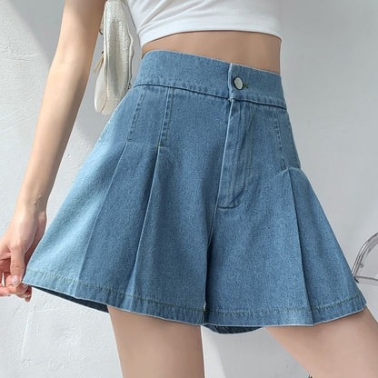 High Waist Pleated Wide Leg Denim Shorts
