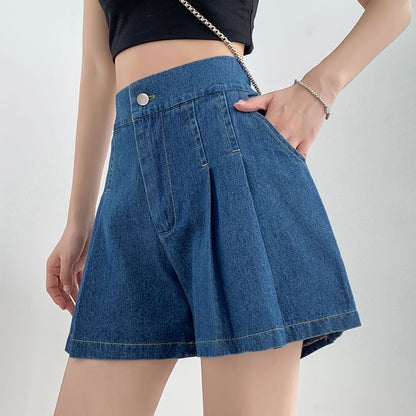High Waist Pleated Wide Leg Denim Shorts