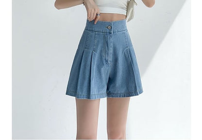 High Waist Pleated Wide Leg Denim Shorts