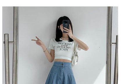 High Waist Pleated Wide Leg Denim Shorts