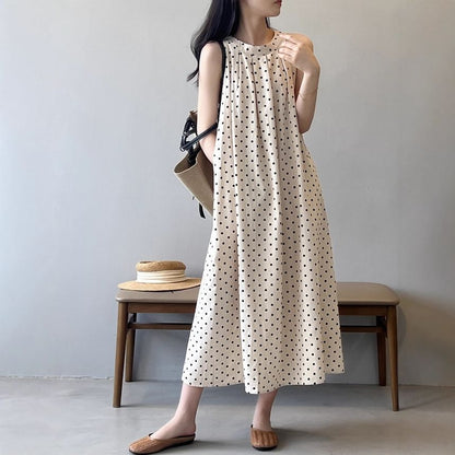 Crewneck Sleeveless Dotted Maxi Dress - Altfashion Shop