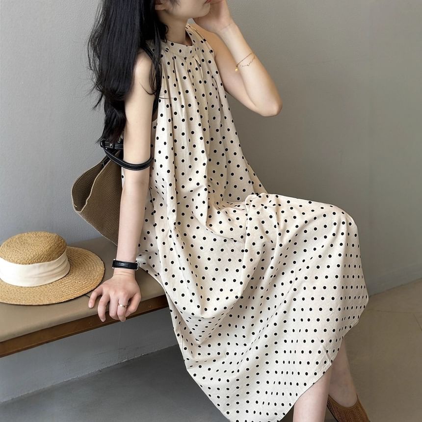 Crewneck Sleeveless Dotted Maxi Dress - Altfashion Shop