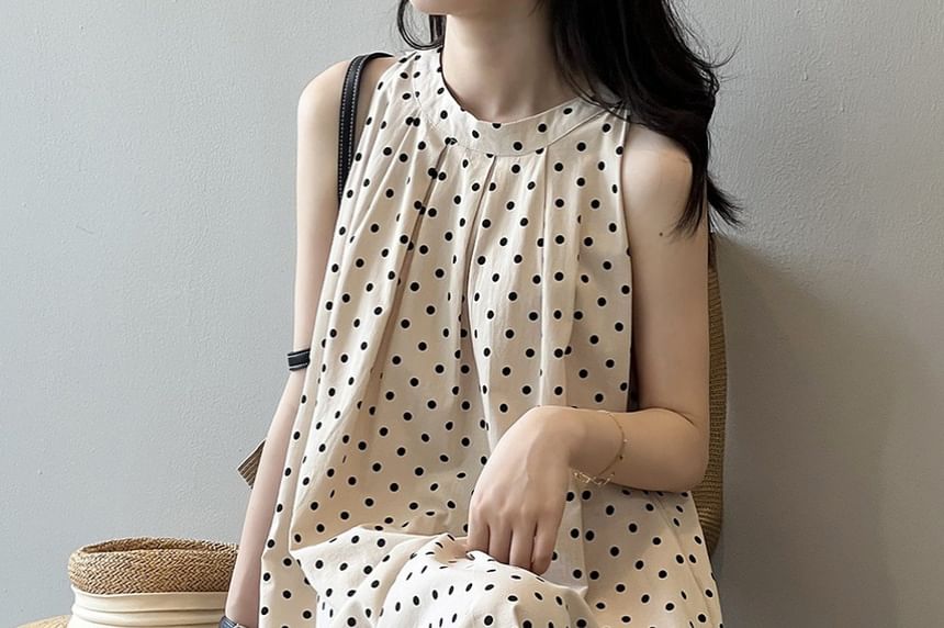Crewneck Sleeveless Dotted Maxi Dress - Altfashion Shop