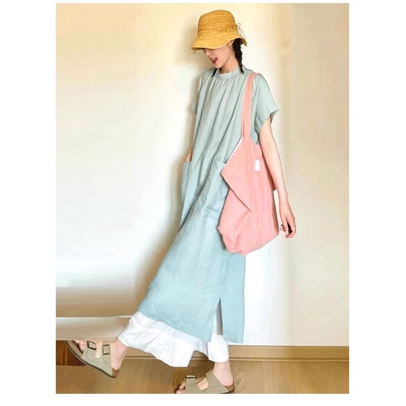 Two Tone Crewneck Short Sleeve Maxi Dress - Altfashion Shop