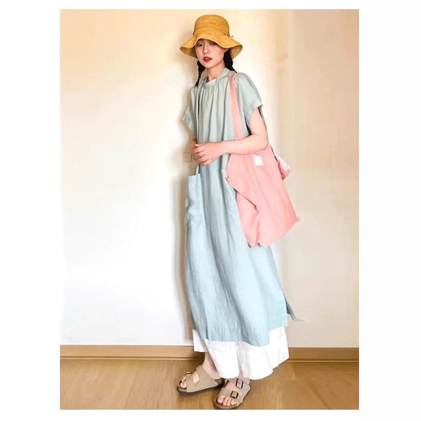 Two Tone Crewneck Short Sleeve Maxi Dress - Altfashion Shop