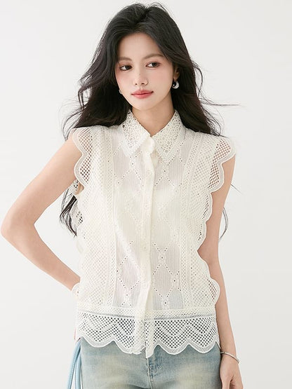Lace Collared Button-Up Sleeveless Blouse