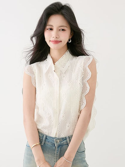 Lace Collared Button-Up Sleeveless Blouse