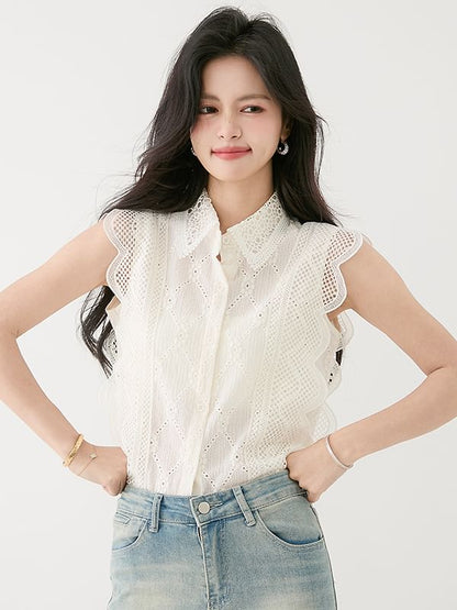 Lace Collared Button-Up Sleeveless Blouse