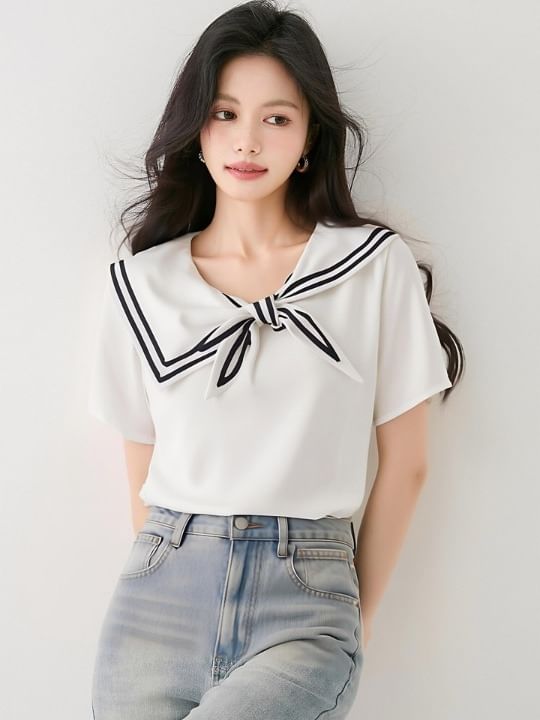 Striped Trimmed Sailor-Collar Asymmetric Short-Sleeved Tee