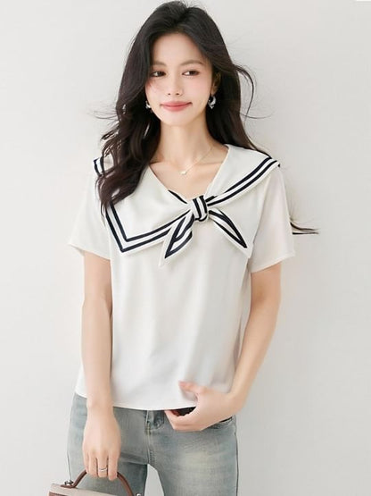 Striped Trimmed Sailor-Collar Asymmetric Short-Sleeved Tee