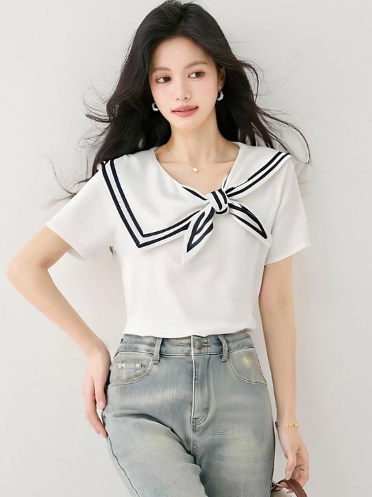 Striped Trimmed Sailor-Collar Asymmetric Short-Sleeved Tee