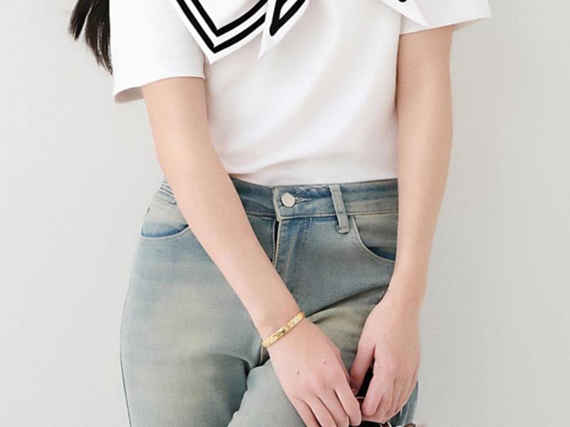 Striped Trimmed Sailor-Collar Asymmetric Short-Sleeved Tee