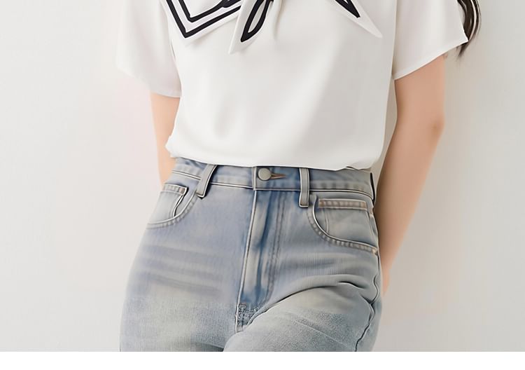 Striped Trimmed Sailor-Collar Asymmetric Short-Sleeved Tee