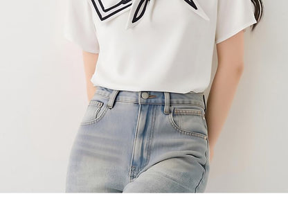 Striped Trimmed Sailor-Collar Asymmetric Short-Sleeved Tee