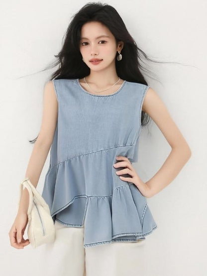 Denim Ruffle-Trimmed Asymmetric Round-Neck Tank Top
