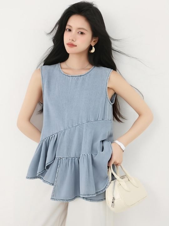 Denim Ruffle-Trimmed Asymmetric Round-Neck Tank Top