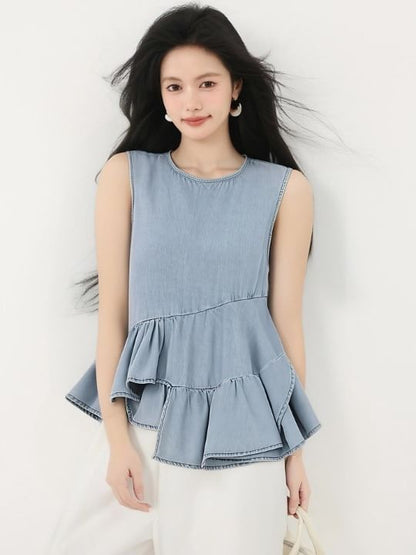 Denim Ruffle-Trimmed Asymmetric Round-Neck Tank Top