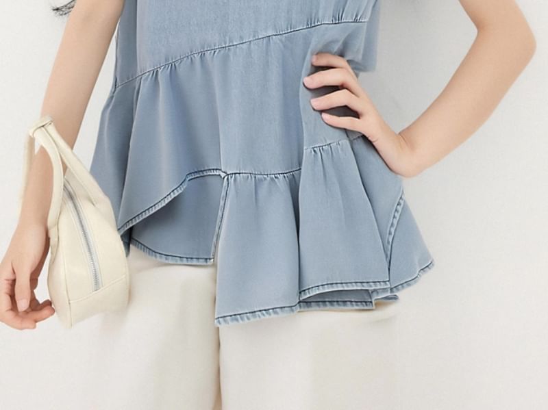 Denim Ruffle-Trimmed Asymmetric Round-Neck Tank Top