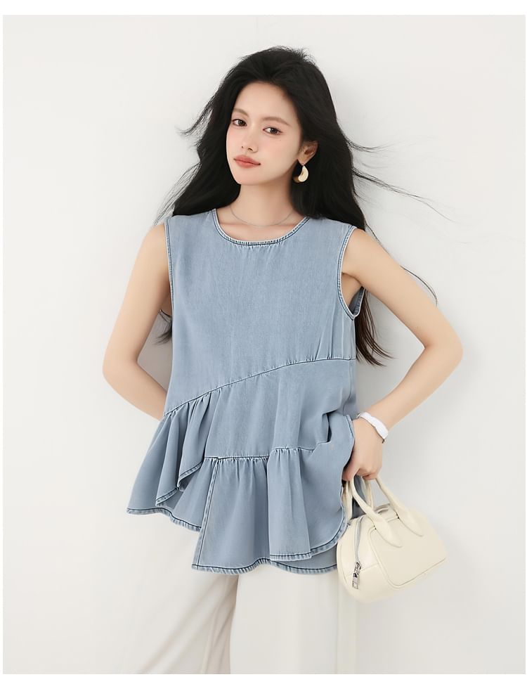 Denim Ruffle-Trimmed Asymmetric Round-Neck Tank Top